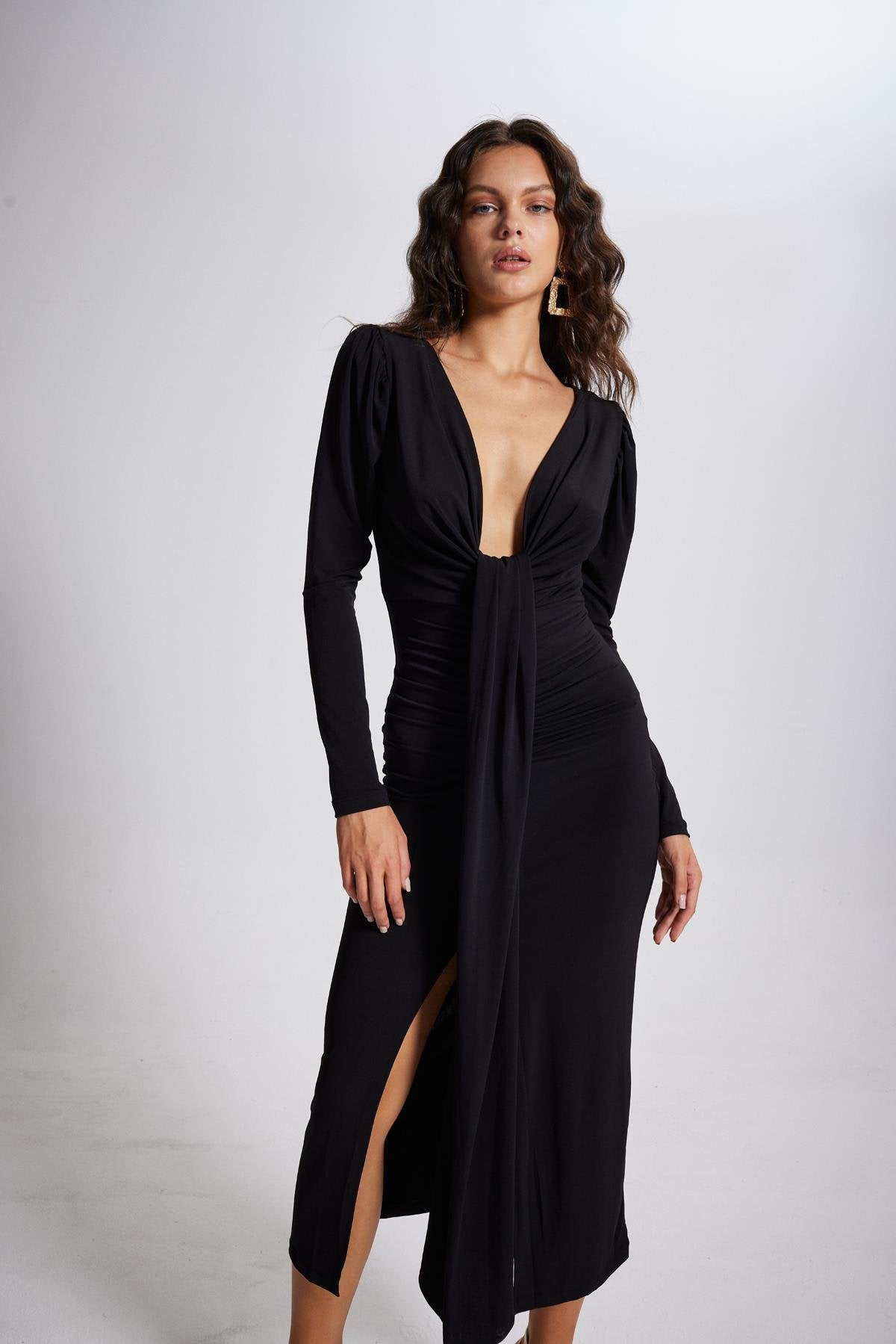 V Yaka Karpuz Kol Maxi Moonlight Elbise Siyah