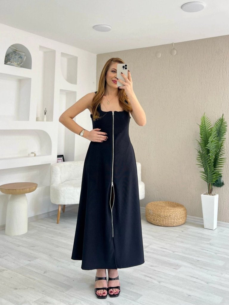 Women's Strappy Square Neck Front Zipper Wide Cut Ruffled Crepe Dress