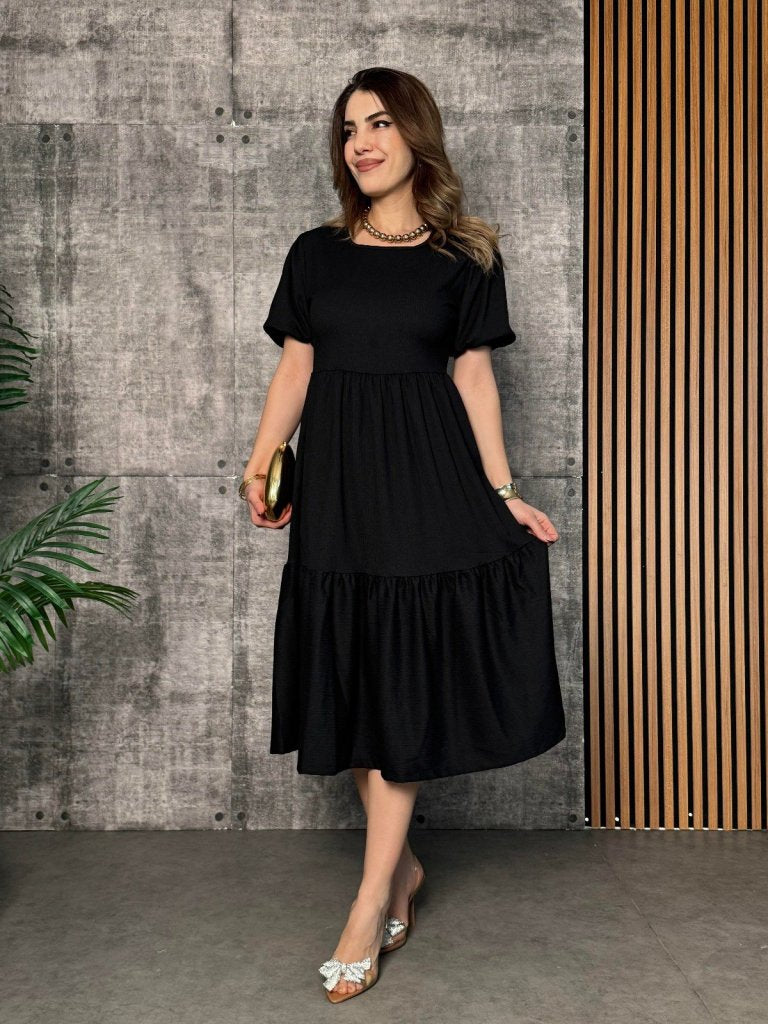 Women's Short Sleeve Open Collar Layered Crinkled Balloon Dress