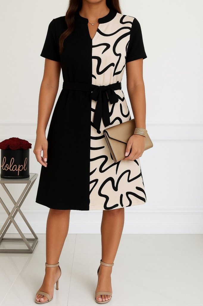 Women's Short Sleeve V Neck Two-Tone Patterned Waist Belted Satin Dress