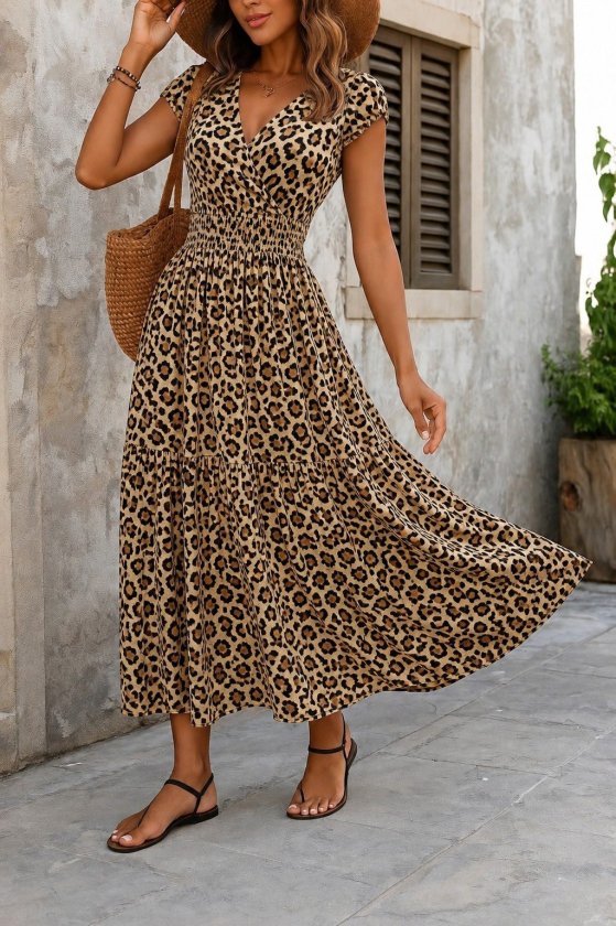 Women's Short Sleeve Wrap Neck Elastic Waist Supreme Maxi Dress