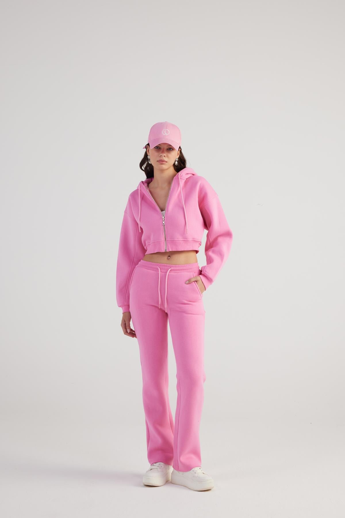 Kadın Pembe Yüksek Bel Straight Kesim Şardonlu Mixed Eşofman Altı