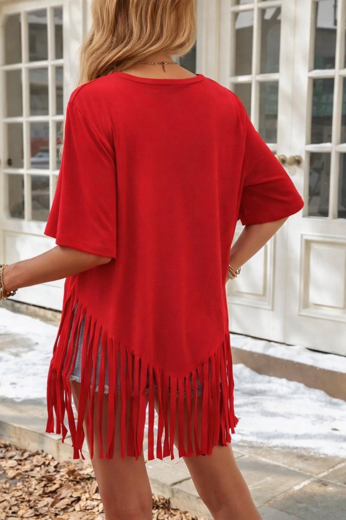Women's Short Sleeve Crew Neck Tassel Viscose Blouse
