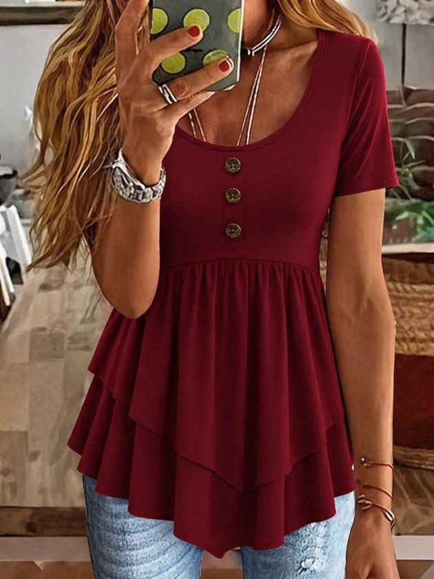 Women's Short Sleeve Round Neck Buttoned Front Asymmetric Cut Detailed Viscose Blouse