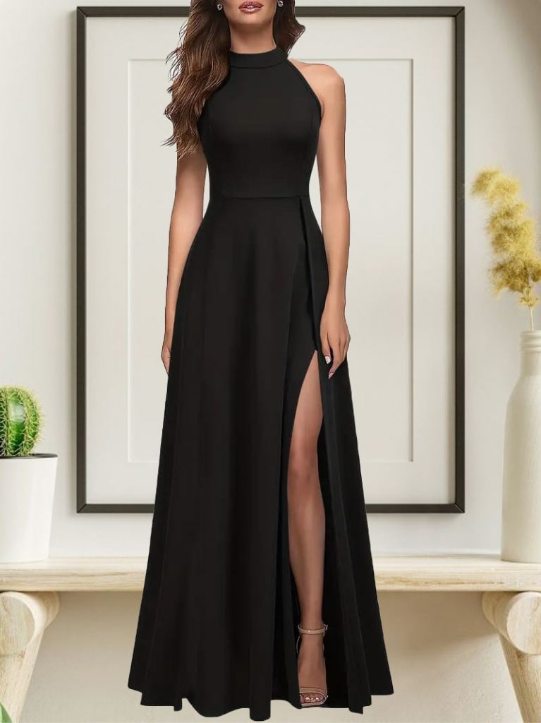 Women's Halter Neck Deep Slit Detail Full-Length Imported Crepe Evening Dress