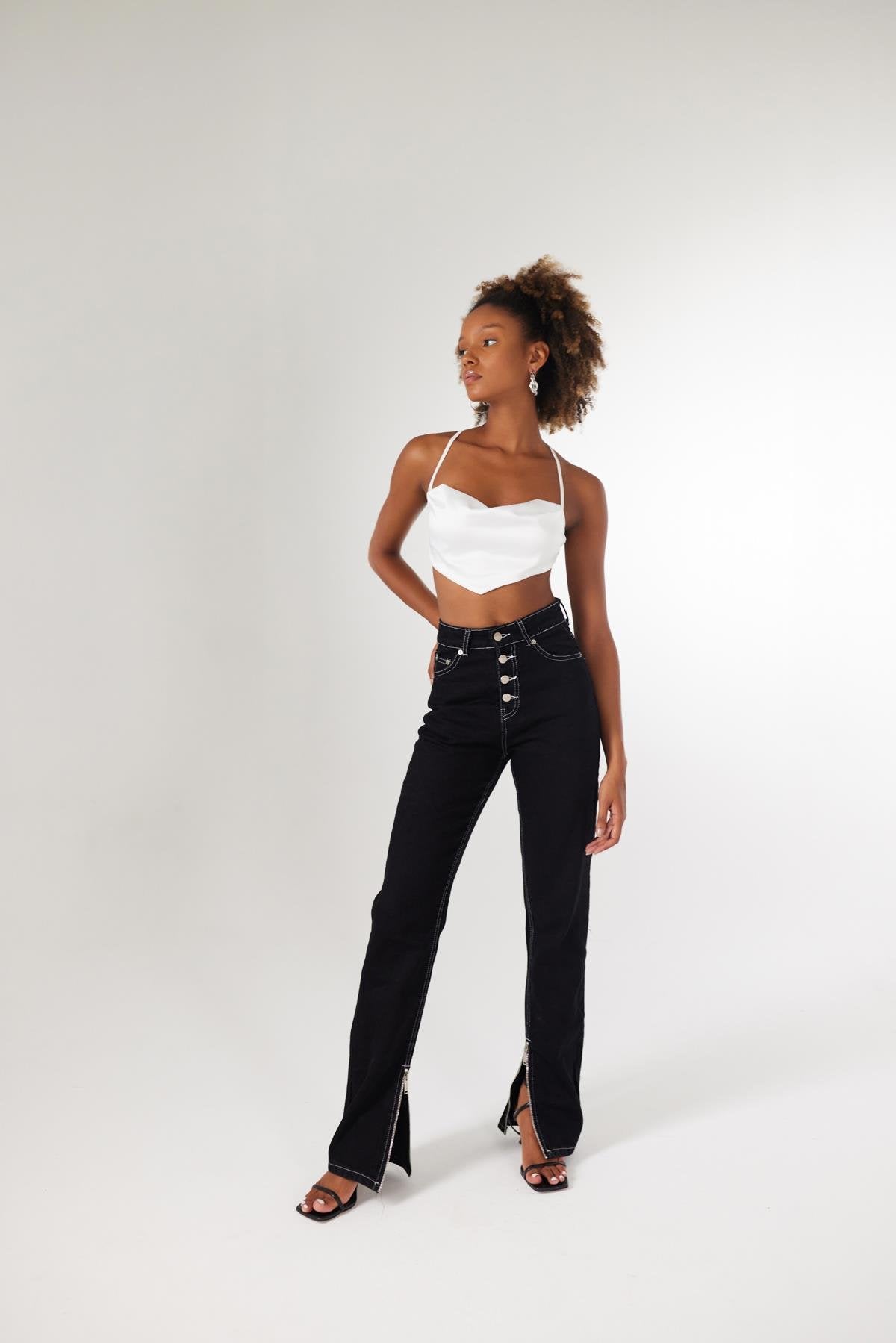 Bel Bağlamalı Askılı Saten Shery Crop Beyaz