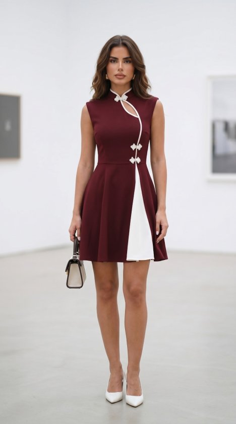 Women's Half Turtleneck Window Neckline and Two-Tone Detail Mini Dress