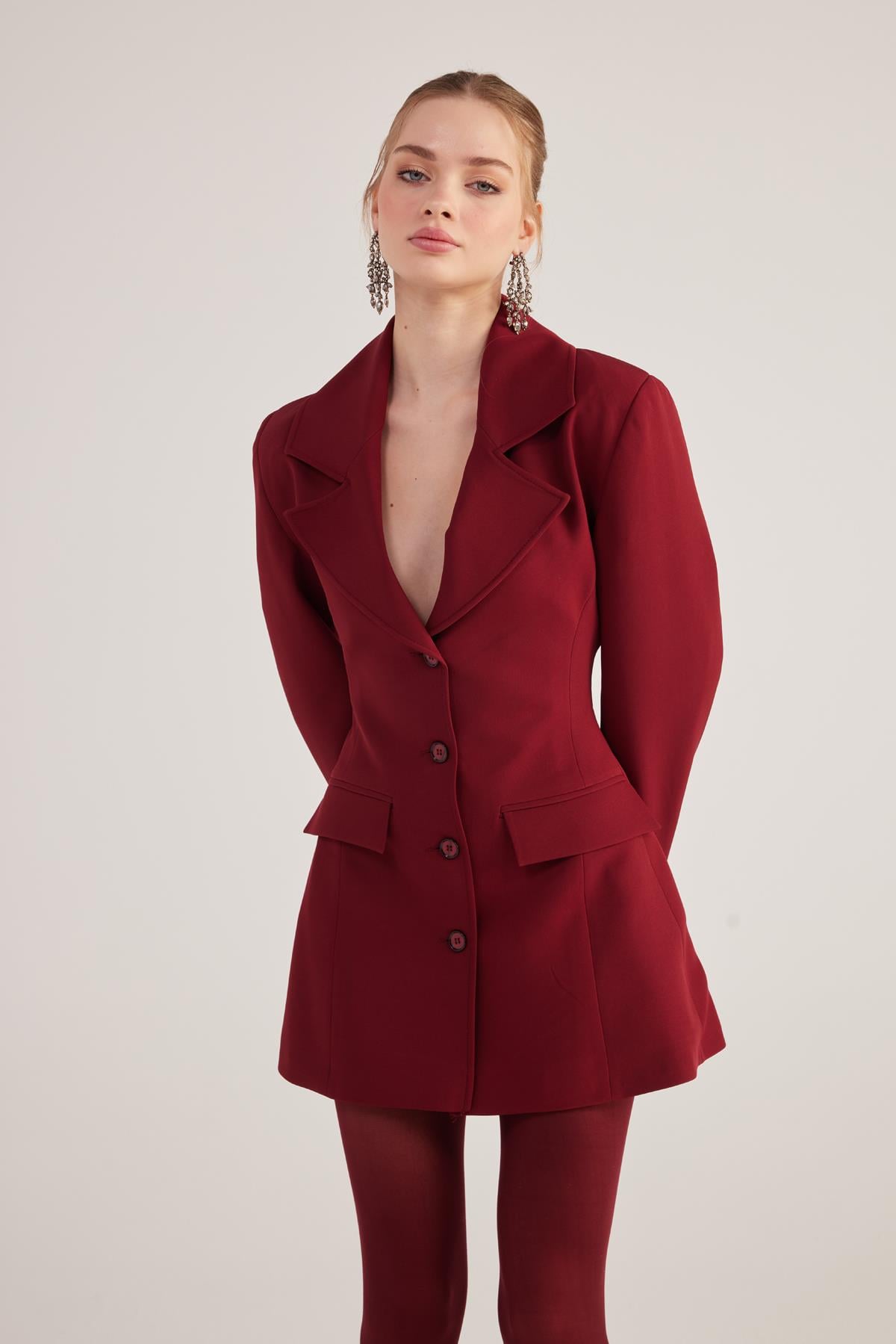 Belden Oturmalı Fit Kesim Deja Blazer Ceket Bordo