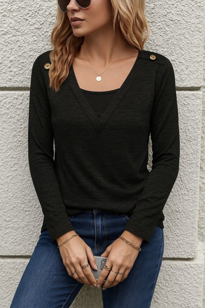 Women's Long Sleeve V-Neck Button Detail Soft Blouse