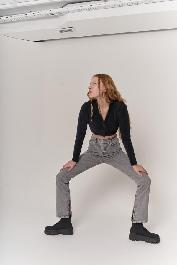 Likrasız Yüksek Bel Straight Kesim Toll Jean Pantolon Gri