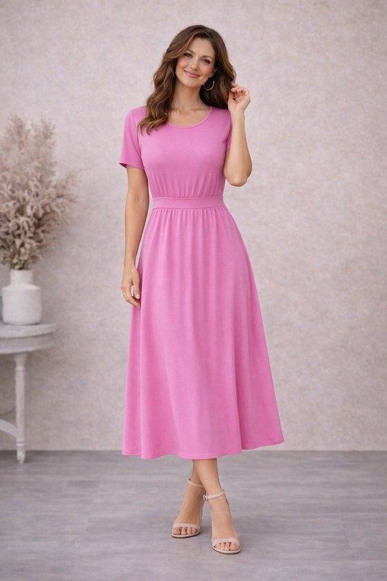 Women's Short Sleeve Round Neck Back Buttoned Viscose Midi Dress