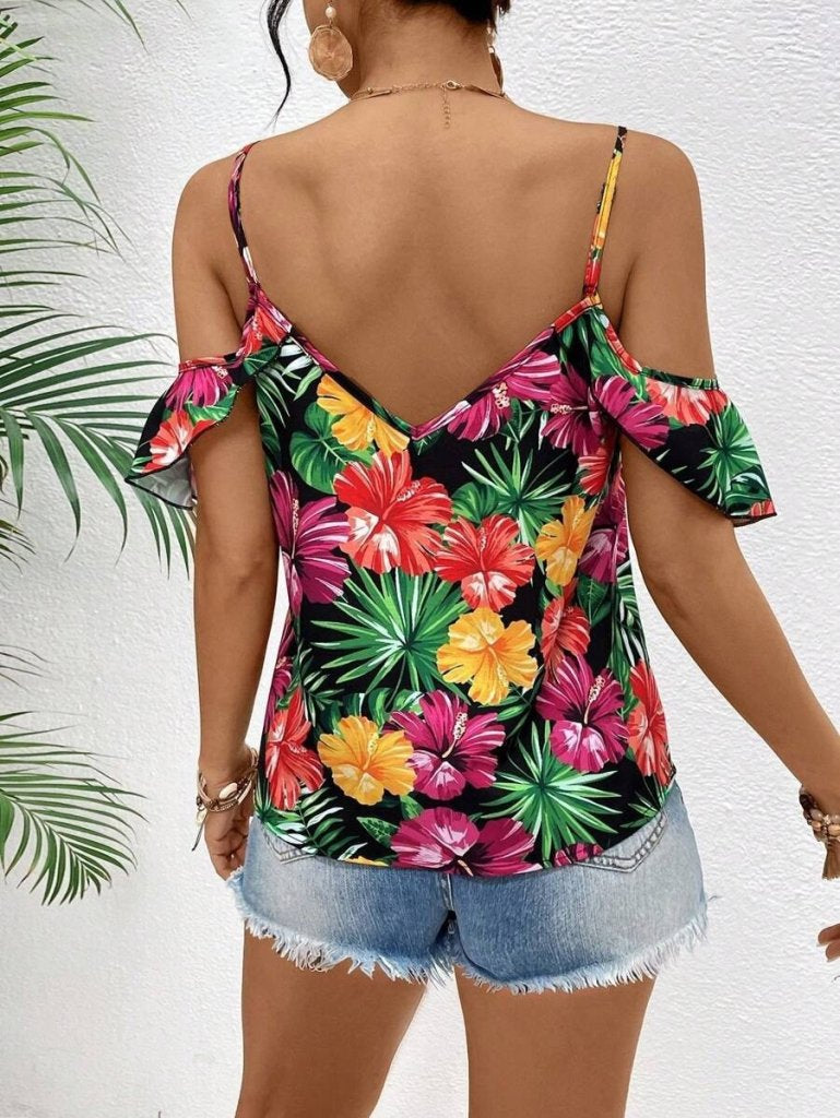 Women's Spaghetti Strap Off-Shoulder Floral Print Blouse