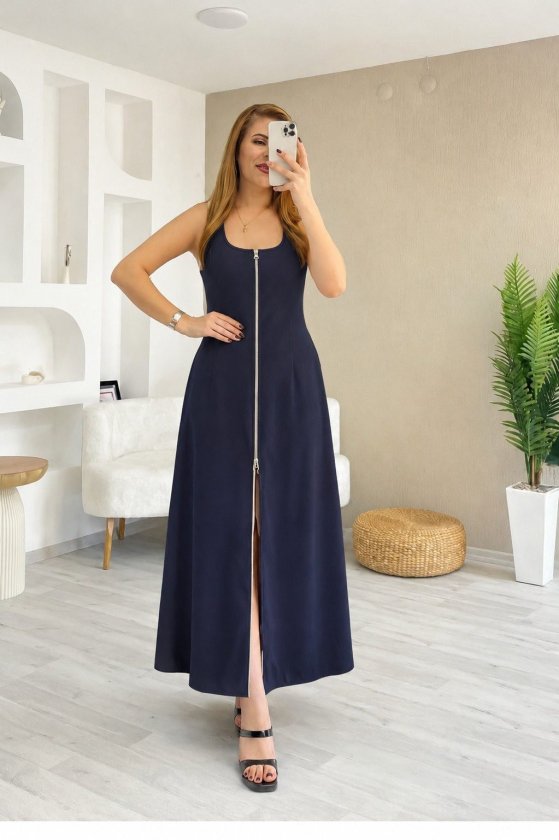 Women's Strappy Square Neck Front Zipper Wide Cut Ruffled Crepe Dress