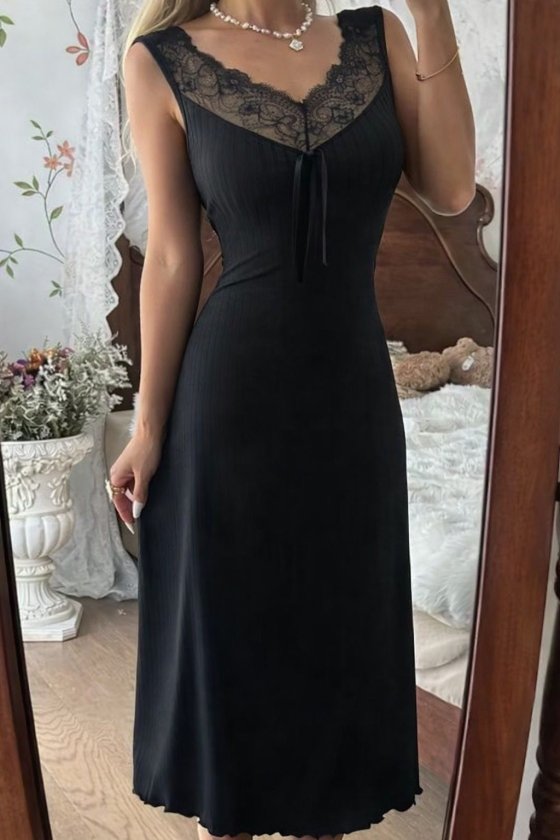 Women’s Sleeveless Lace Collar Long Thick Ribbed Kaşkorse Nightgown