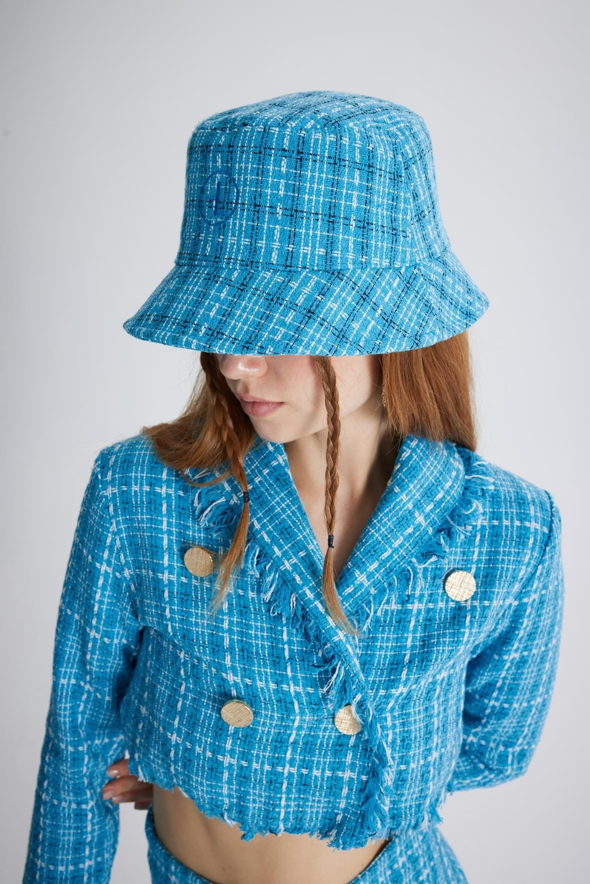 Tüvit Kumaş Logolu Bucket Tweed Şapka Mavi