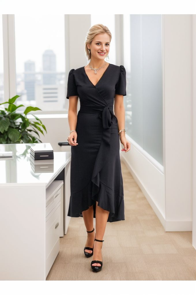 Women's Wrap Neck Midi Length Belted Crepe Dress 120 Cm