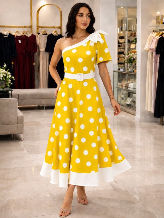 Women's One-Shoulder Open with Ribbon Detail Belted Polka Dot Woven Midi Dress