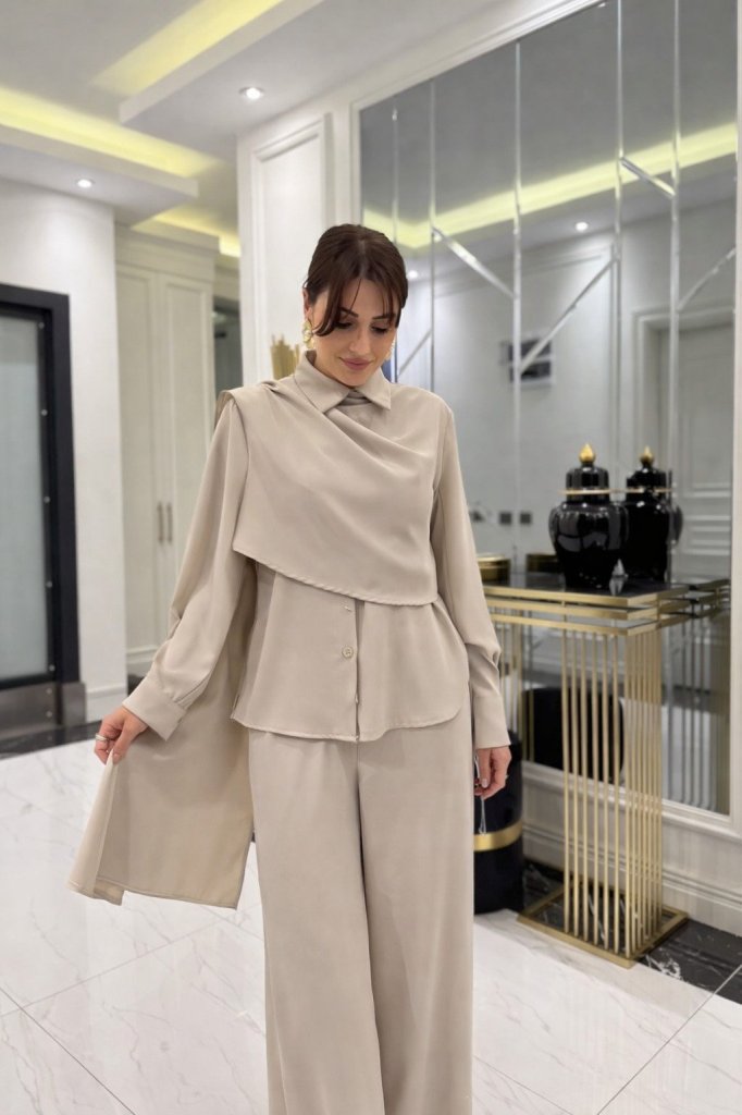 Women's Long Sleeve Shawl Detail Blouse and Pants Two-Piece Set (Belt Not Included)
