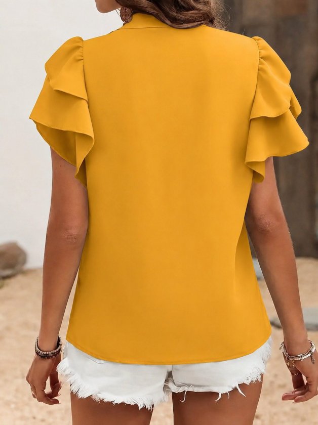 Kadın Kısa Kollu V Hakim Yaka Kolları Fırfırlı Dubai Bluz