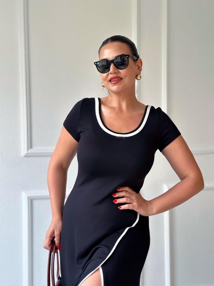 Women's Round Ribbed Neck White Slit Detailed Viscose Full-Length Dress