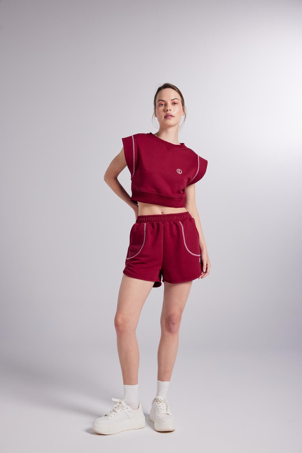 Beli Lastikli Kontrast Dikişli Mini Rhode Şort Bordo