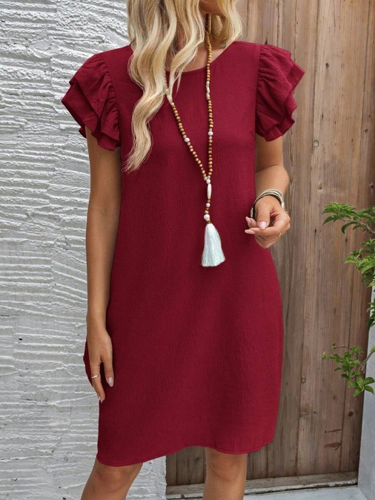 Women's Short Sleeve Crew Neck Ruffled Short Crinkled Dress