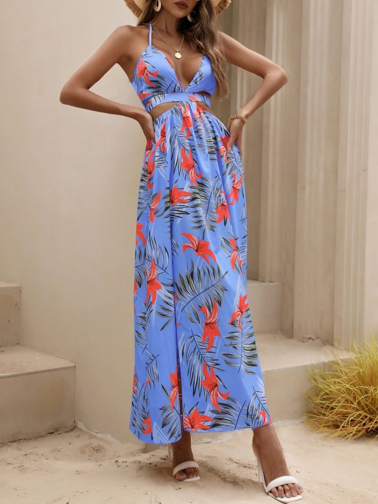 Women's Strap Neck-Tied V-Neck Slit Long Patterned Supreme Dress
