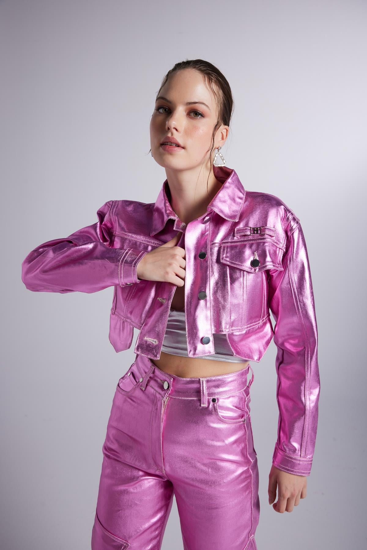 Varak Kaplama Crop Millen Ceket Pembe