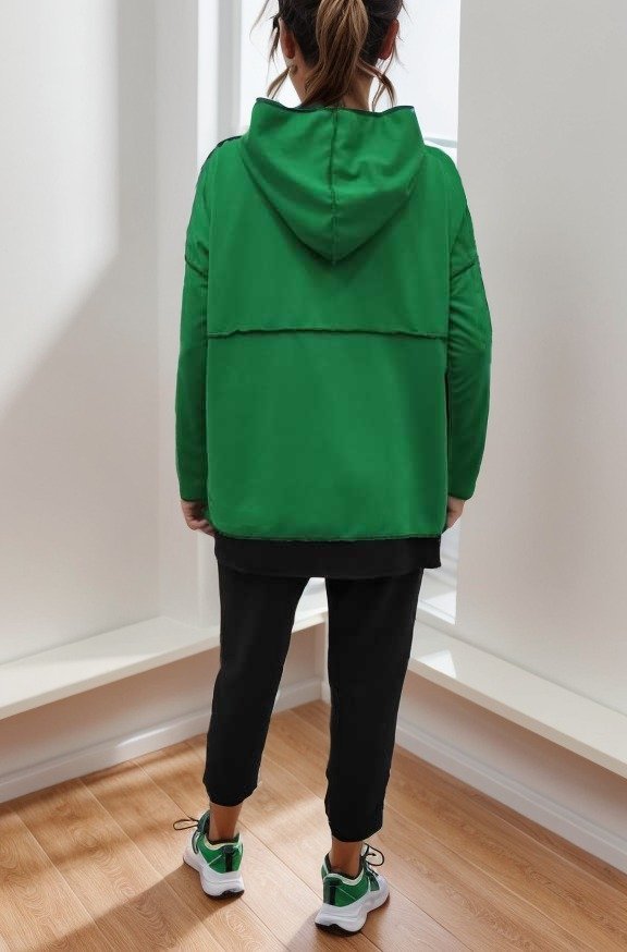 Women's Green Hooded Hem Detail Patch Reverse Stitch Appearance Two-Piece Set
