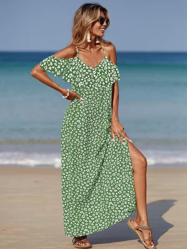 Women's Off-Shoulder Spaghetti Strap Slit Patterned Long Supreme Dress