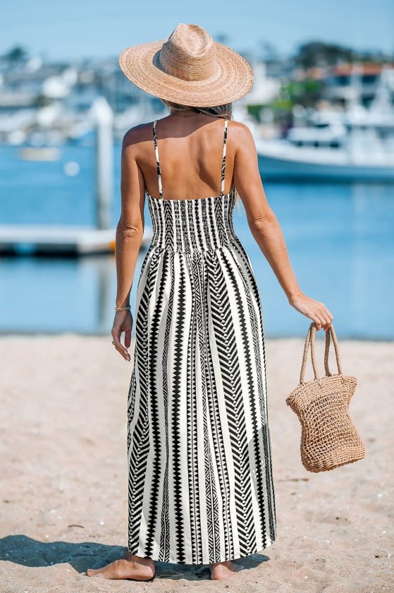 Women's Spaghetti Strap Wrap Neck Front Slit Long Patterned Supreme Dress