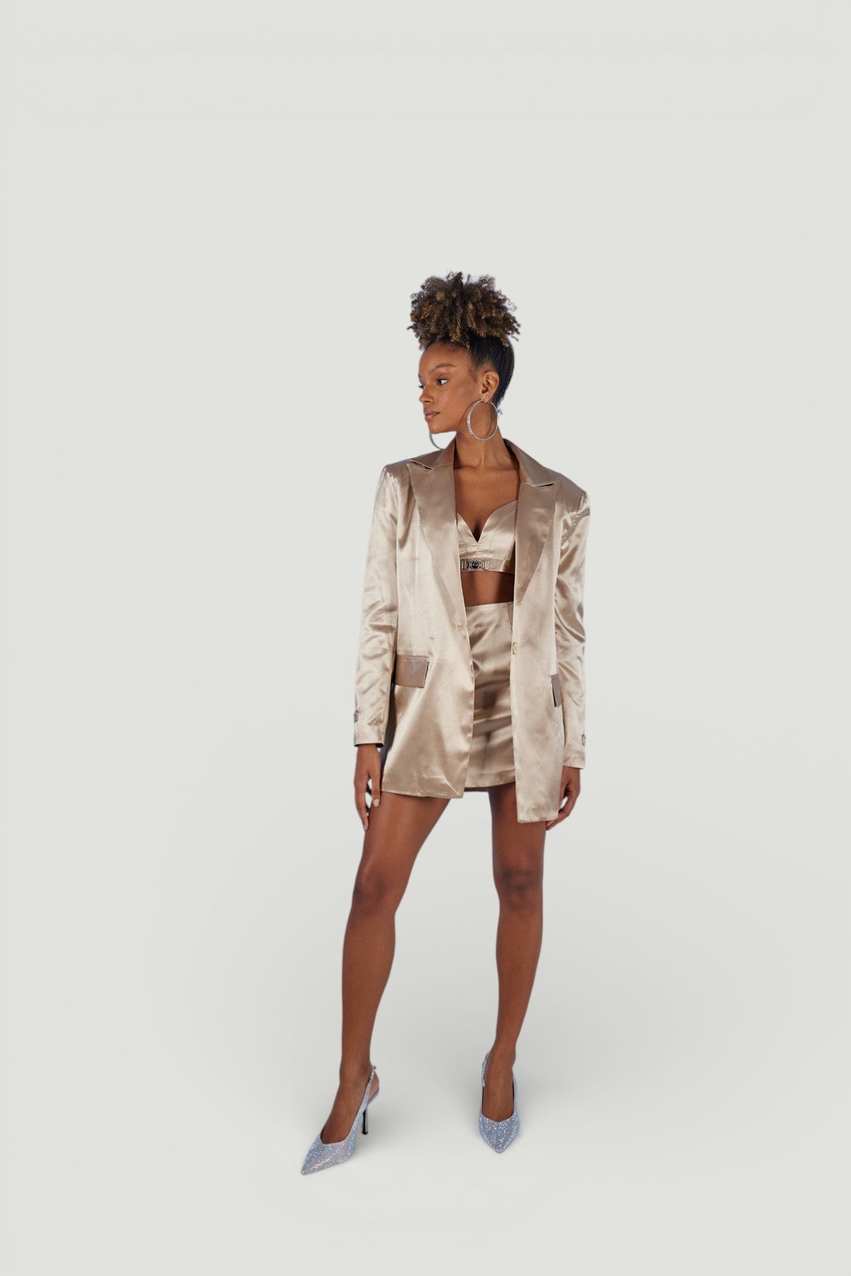 Vatkalı Uzun Kol Astarlı Saten Fancy Blazer Ceket Bej