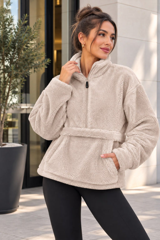 Kadın Yarım Fermuarlı Kanguru Cepli Peluş Wellsoft Sweatshirt