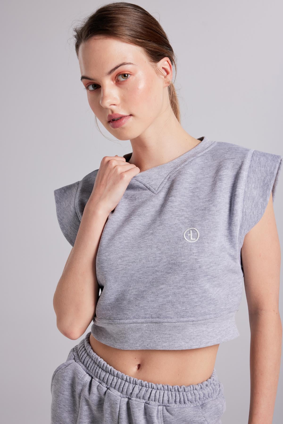 Crop Kesim Kontrast Dikişli Rhode Tshirt Gri
