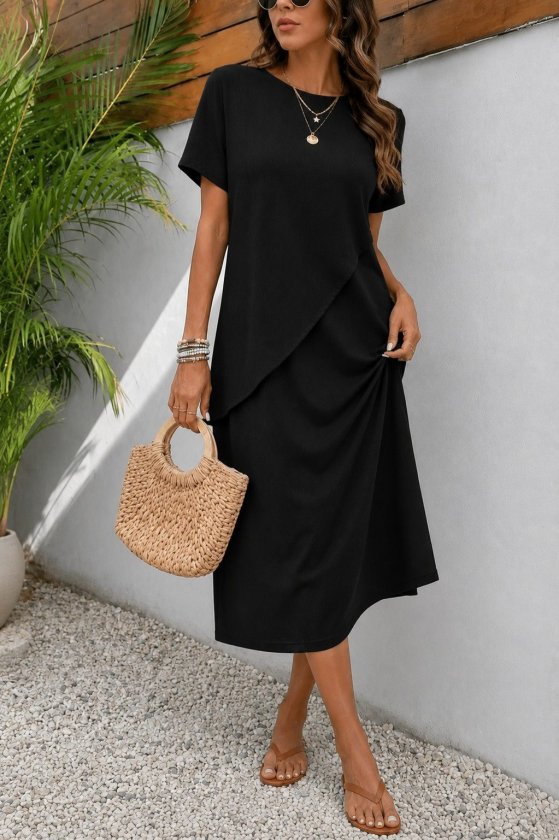 Women's Short Sleeve Crew Neck Front Asymmetric Cut Detailed Long Crushed Dress