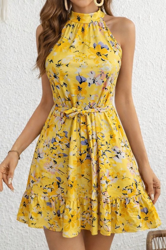 Women's Off-Shoulder Turtleneck Belted Patterned Short Supreme Dress