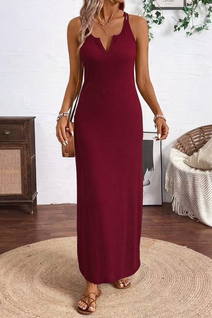 Women’s Strappy V-Neck Long Viscose Dress with Side Slits