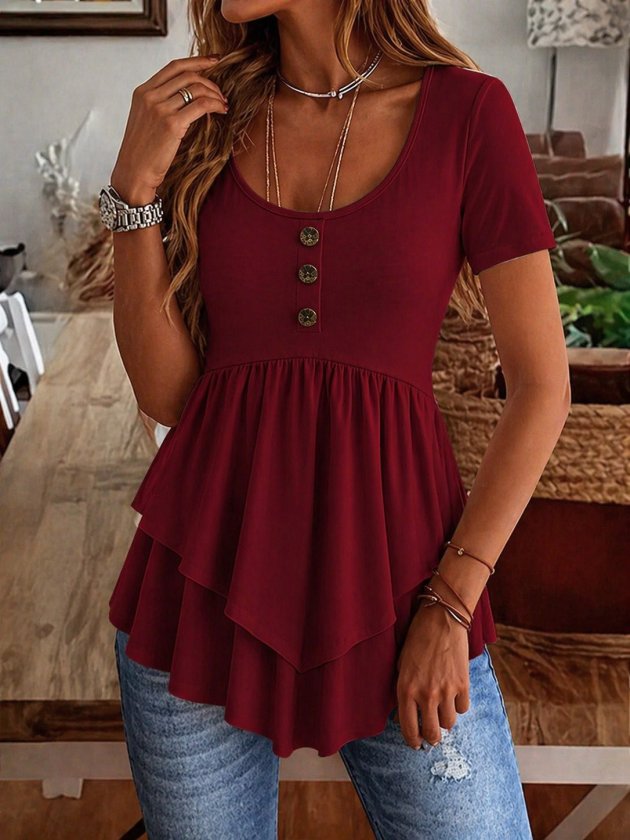 Women's Short Sleeve Round Neck Buttoned Front Asymmetric Cut Detailed Viscose Blouse
