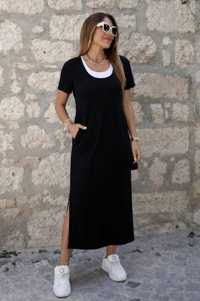 Women's Short Sleeve Inner Tank Look Side Slit Long Viscose Dress