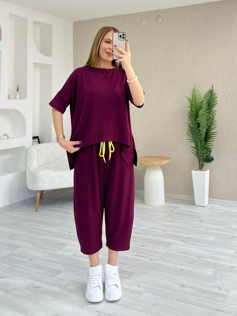 Kadın Kısa Kollu Bisiklet Yaka Viskon Iki Iplik Bluz Ve Pantolon Ikili Takım