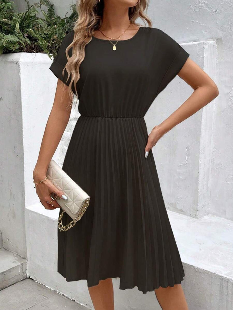 Women's Short Sleeve Open Neck Elastic Waist Pleated Short Imported Crepe Dress