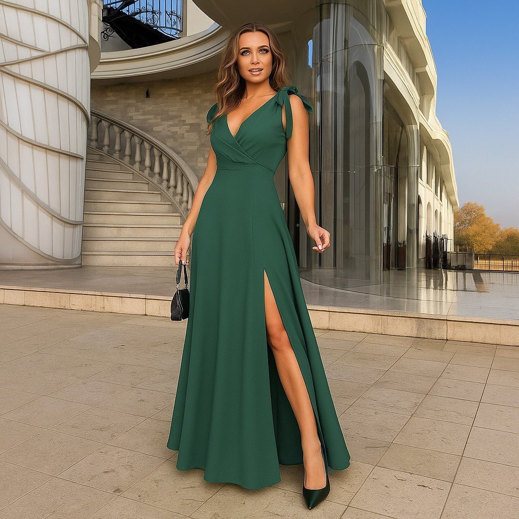 Women's Spaghetti Strap Shoulder Tie Wrap Neck Long Slit Ruffled Crepe Dress