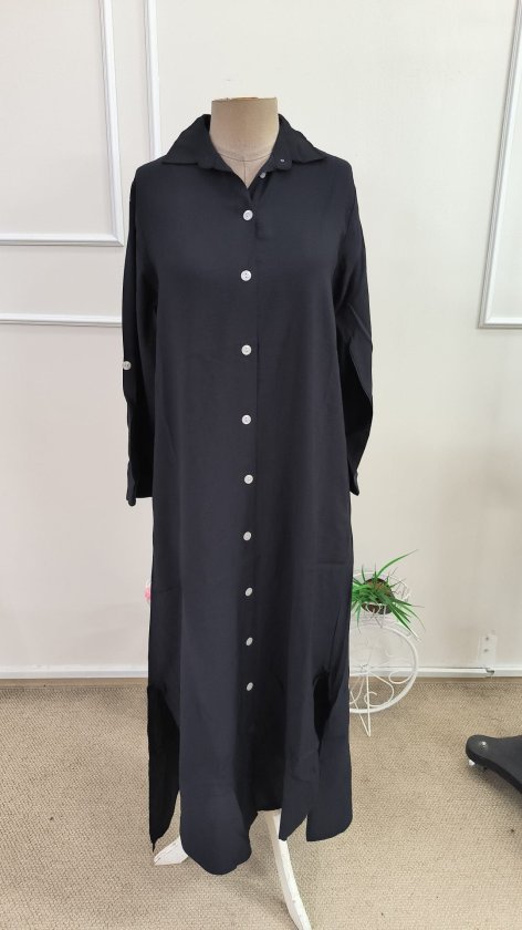Women's Long Sleeve Collared Front Button Wide Cut Detailed Long Dress