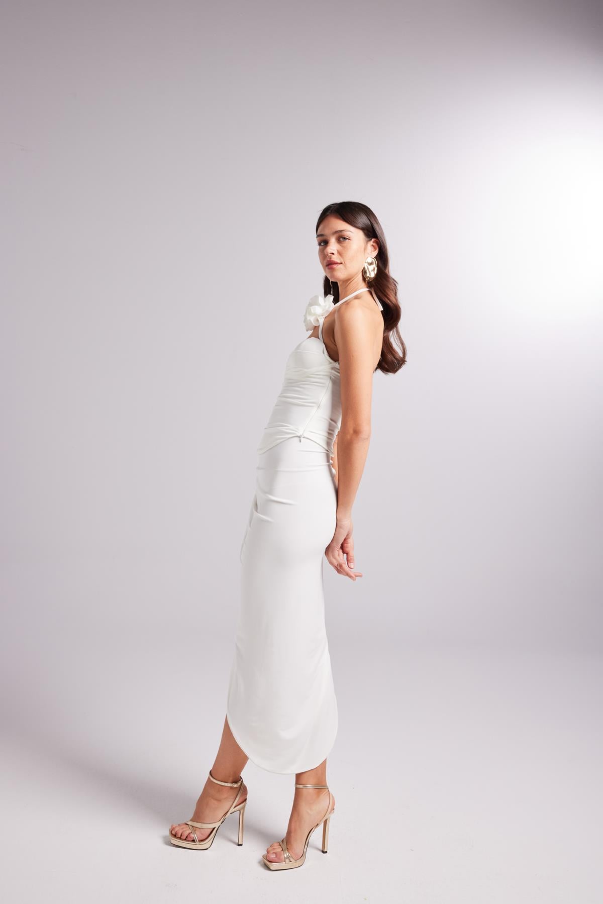 Ayarlanabilir Büzgülü Midi Poena Etek Beyaz