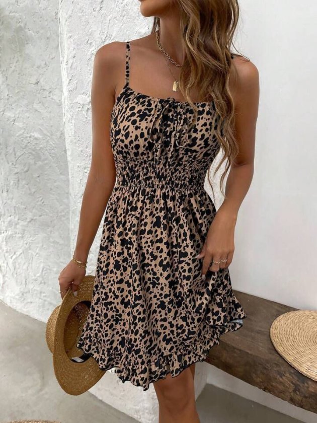 Women's Spaghetti Strap Gathered Neck Elastic Waist Short Supreme Dress