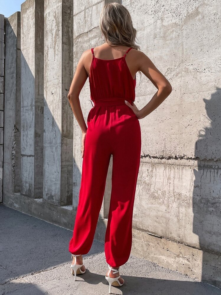 Women's Spaghetti Strap Wrap Collar Belted Long Sandy Jumpsuit