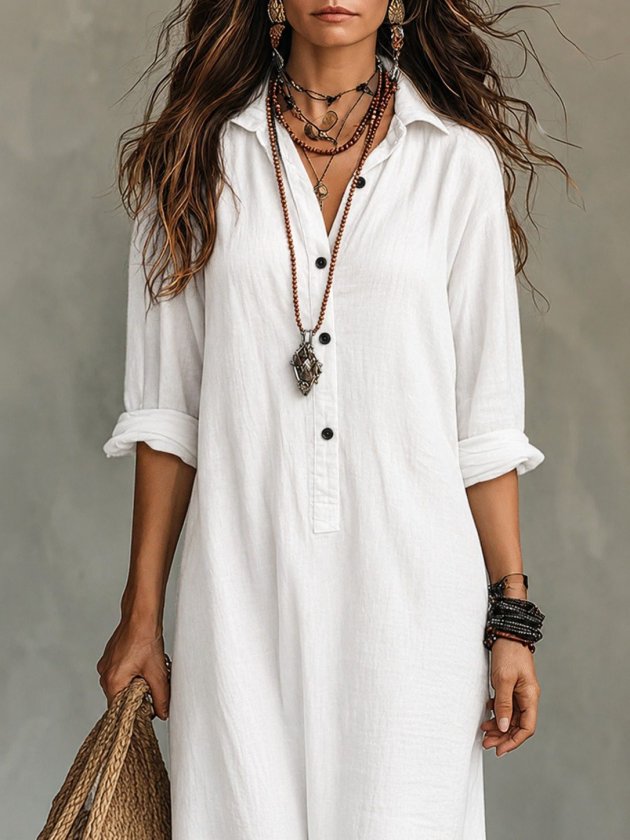 Women's Long Sleeve Collared Buttoned Slit Detail Long Dress