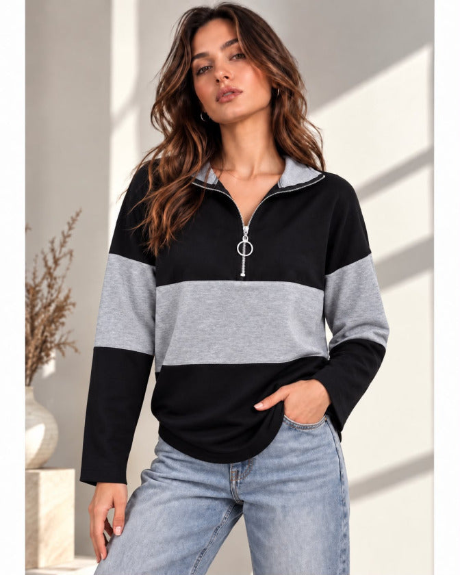 Kadın Fermuarlı Yaka Renk Bloklu Sweatshirt / Üst