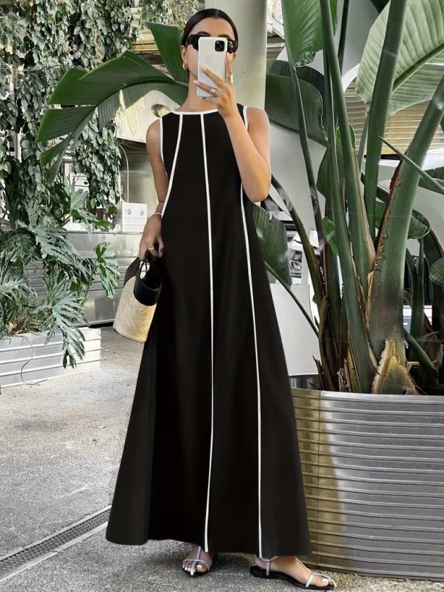 Women's Off-Shoulder Thin Stripe Detailed Long Viscose Dress