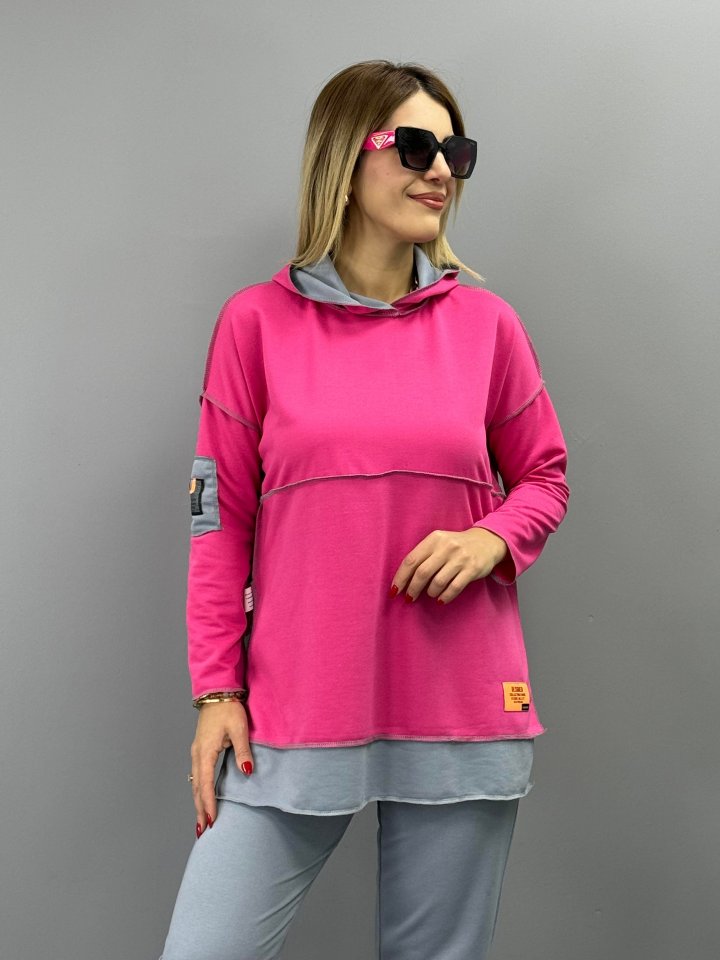 Women's Pink Hooded Two-Piece Set with Skirt Hem Detail and Reverse Stitch Patch